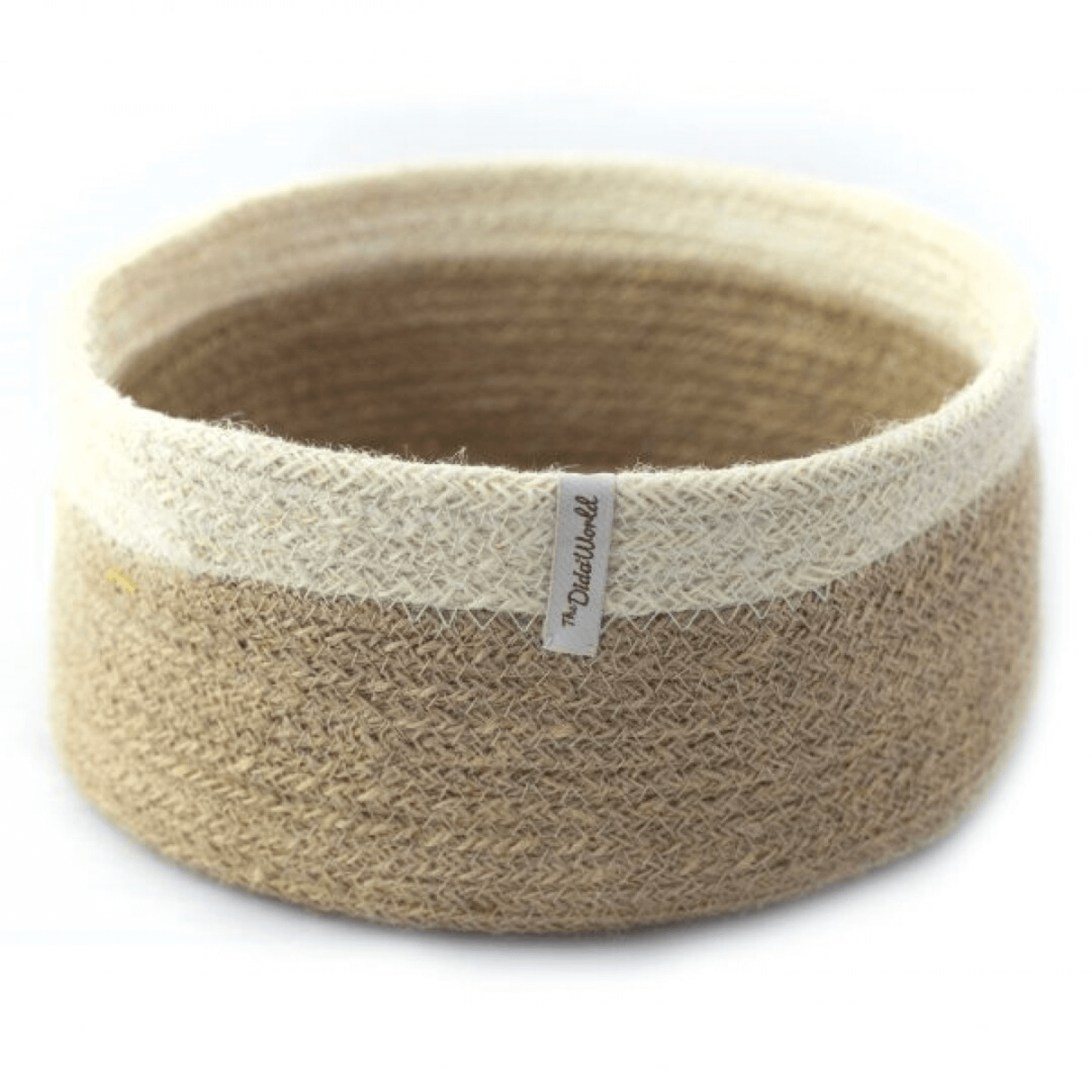 cesta natural de yute con borde blanco